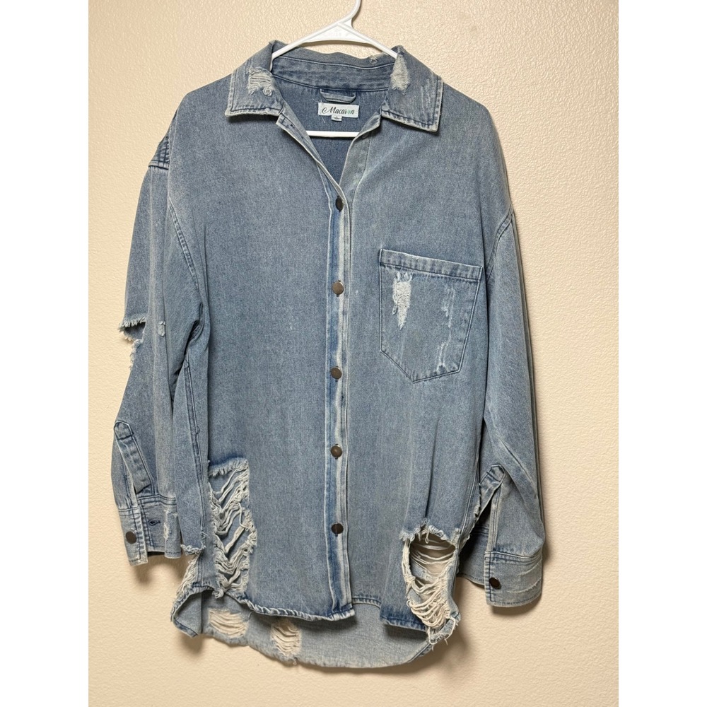 Macaron Women Distressed Denim Jacket Light Wash Blue Oversized Shacket Small